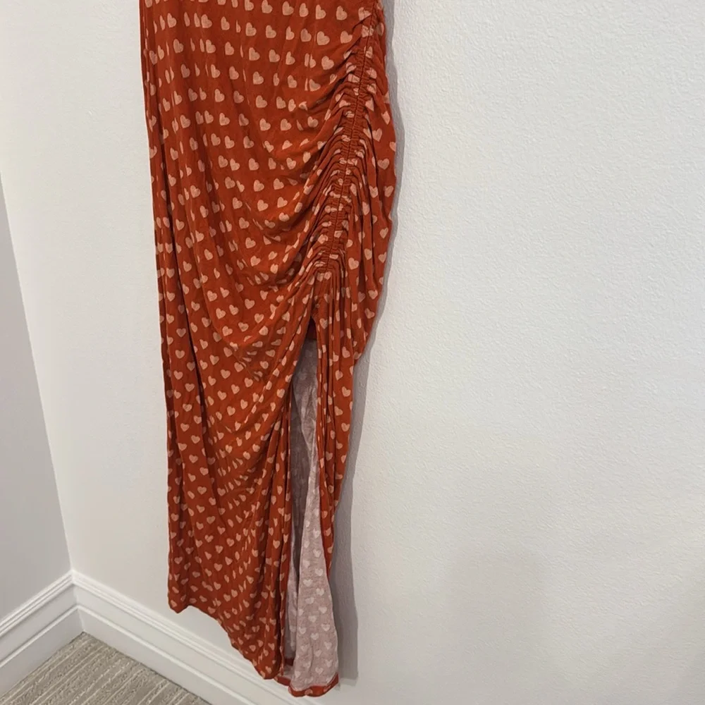 FREE PEOPLE Lakeside Heart MIDI Dress Orange High gathered Slit EUC Size small - Picture 6 of 9